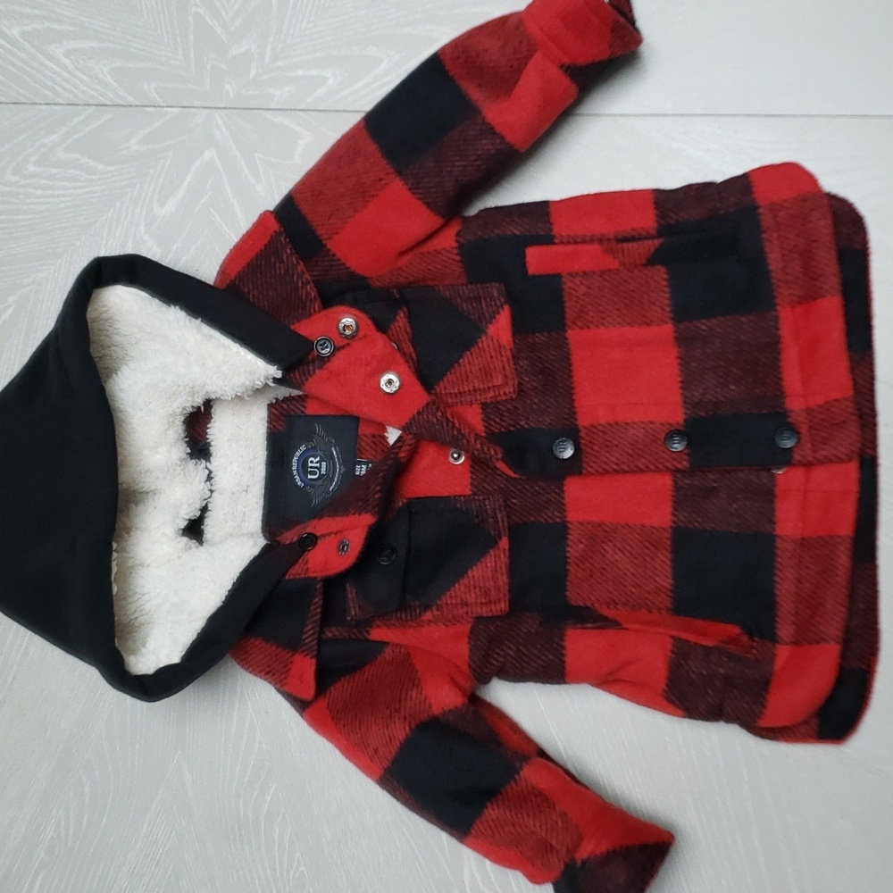 Kids coat/jacket, red black print, size 18, plaid print